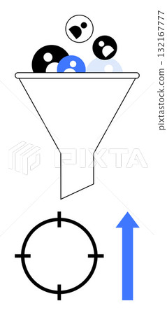 Funnel filtering black and blue user icons with target and upward arrow. Ideal for marketing, sales, funnel analysis, conversion optimization, audience targeting, business growth, lead management 132167777