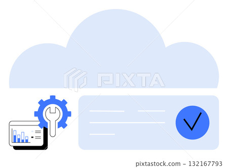 Cloud backdrop with blue gear and wrench over a data chart beside a check mark in a rectangle. Ideal for cloud services, security, data management, IT solutions, software development, analytics 132167793