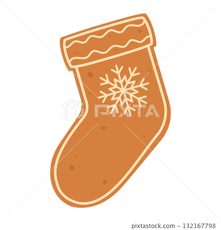 Gingerbread sock cookie. Christmas pastries. Flat vector isolated illustration Gingerbread sock cookie. Christmas pastries. Flat vector isolated illustration 132167798