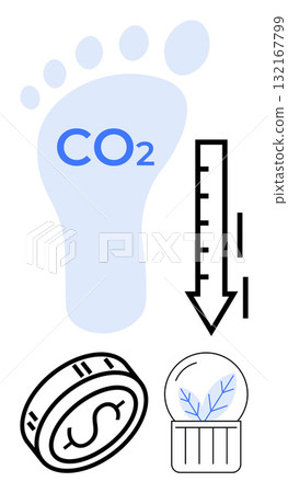 Human footprint with CO2, downward arrow, dollar coin, and plant in globe. Ideal for sustainability, cost efficiency, climate change awareness, environmental impact, green energy corporate Human footprint with CO2, downward arrow, dollar coin, and plant in globe. Ideal for sustainability, cost efficiency, climate change awareness, environmental impact, green energy corporate 132167799