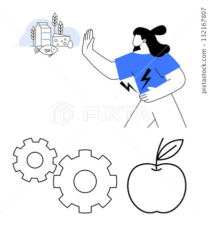 Woman gesturing stop towards dairy and fish, emphasizing healthy choices. Gears, apple add themes of productivity and wellness. Ideal for health, diet, wellness, productivity, lifestyle balance Woman gesturing stop towards dairy and fish, emphasizing healthy choices. Gears, apple add themes of productivity and wellness. Ideal for health, diet, wellness, productivity, lifestyle balance 132167807