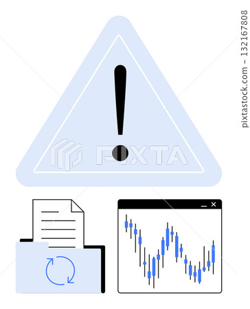 Warning sign with exclamation mark, document folder with recycling symbol, and candlestick chart. Ideal for data management, security alerts, backups, risk management, financial analysis, IT issues Warning sign with exclamation mark, document folder with recycling symbol, and candlestick chart. Ideal for data management, security alerts, backups, risk management, financial analysis, IT issues 132167808