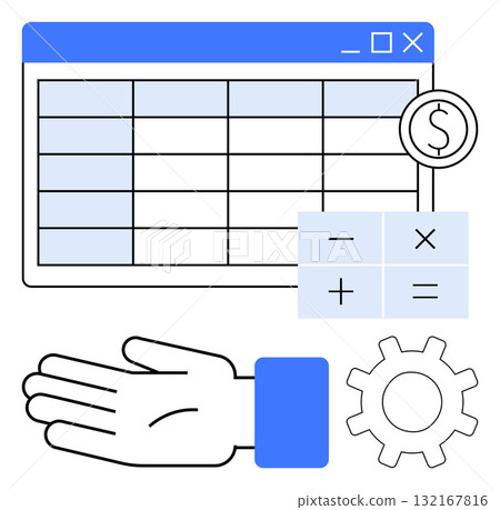 Financial spreadsheet, calculator buttons, currency symbol, hand gesture, and gear wheel. Ideal for finance, data management, user interaction accounting analysis settings productivity. Line 132167816