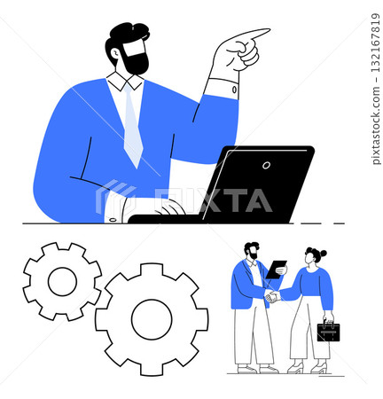 Business professional pointing while working on laptop, gears representing collaboration and teamwork, and two professionals shaking hands in agreement. Ideal for business strategy, teamwork 132167819