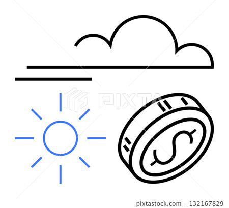Sun, cloud, and coin together. Ideal for financial growth, economy, weather climate change investment sustainability and economic forecasting. Line metaphor. Line metaphor. Simple line icons 132167829
