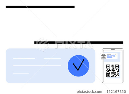 Smartphone with a QR code for banking, blue check mark, and additional lines. Ideal for digital banking, online payments, payment verification, secure transactions, digital identity, fintech apps 132167830
