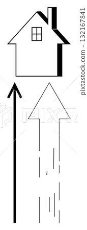 House outline with chimney above black bold arrow pointing upward. Ideal for depicting growth, progress, development, upward mobility, aspiration, real estate, achievement. Line metaphor 132167841