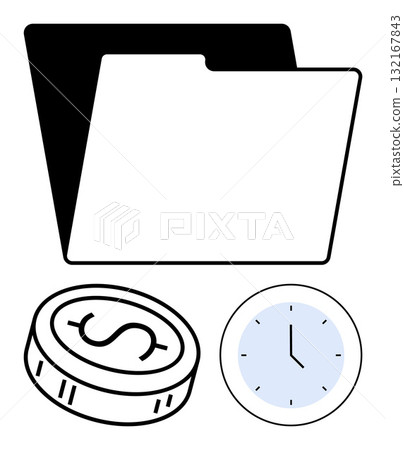 Folder, coin with dollar sign, and clock showing 300. Ideal for financial planning, time management, business organization, wealth management, corporate efficiency budgeting and savings. Line 132167843