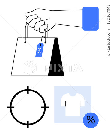 Hand holding a shopping bag with a discount tag, target icon, t-shirt with discount label. Ideal for retail marketing, sales promotions, e-commerce, discount events, shopping, fashion and targeting Hand holding a shopping bag with a discount tag, target icon, t-shirt with discount label. Ideal for retail marketing, sales promotions, e-commerce, discount events, shopping, fashion and targeting 132167845
