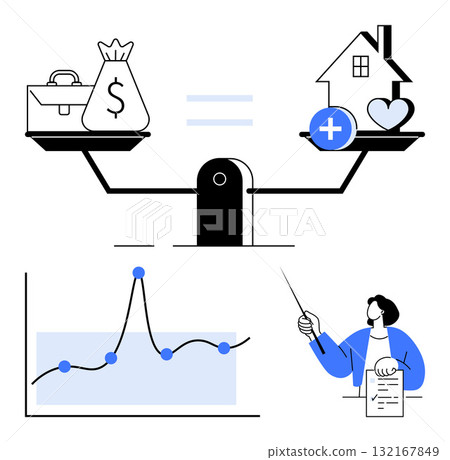 Scales with money and home elements graph teacher pointing to paper. Ideal for finance, personal growth, education, work-life balance, decision-making, investment, coaching. Line metaphor Scales with money and home elements graph teacher pointing to paper. Ideal for finance, personal growth, education, work-life balance, decision-making, investment, coaching. Line metaphor 132167849