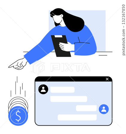 Professional woman with clipboard pointing at chatbox, symbols of coins showing financial transactions. Ideal for financial services, online banking, customer service, business communication 132167850