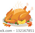 Roasted turkey meat with lemons on a plate close-up on a white. Isolated 132167851