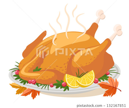 Roasted turkey meat with lemons on a plate close-up on a white. Isolated Roasted turkey meat with lemons on a plate close-up on a white. Isolated 132167851