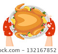 Chef holds a roast turkey with lemons and herbs on a white background. Top view 132167852