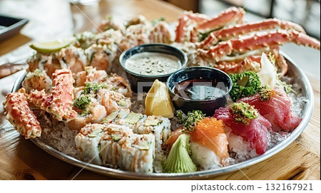 Japanese seafood sushi platter with crab legs Japanese seafood sushi platter with crab legs 132167921