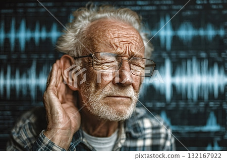 Senior man experiencing hearing loss with eyes closed and hand cupped to ear Senior man experiencing hearing loss with eyes closed and hand cupped to ear 132167922