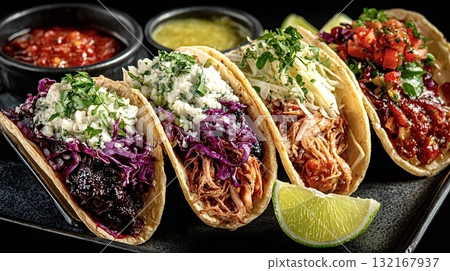 Delicious tacos with various fillings are waiting to be eaten 132167937