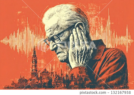 Elderly man covering ears from noise pollution in london cityscape 132167938