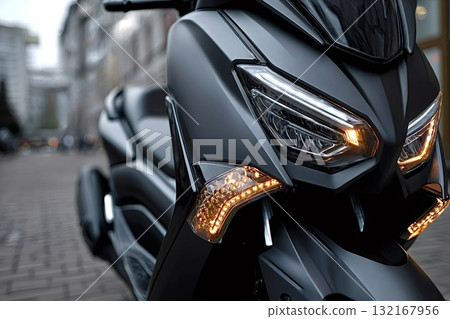 Modern scooter parked on city street showing headlights and turn signals 132167956
