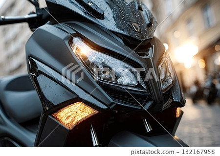 Modern scooter parked on a city street with lights on 132167958