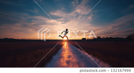 以夕陽為背景，一個人在路上奔跑。奔跑的剪影給人一種希望和挑戰的感覺。 132167999