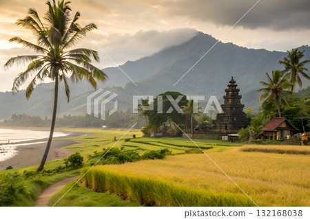 beautiful landscape of rice fields on sunrise 132168038