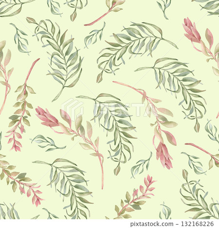 Seamless jungle watercolor print isolated green. Palm leaves and callistemon branches in blush pink and soft greens hand drawn. Botanical exotic repeat design for stationery, tropical textiles. Seamless jungle watercolor print isolated green. Palm leaves and callistemon branches in blush pink and soft greens hand drawn. Botanical exotic repeat design for stationery, tropical textiles. 132168226