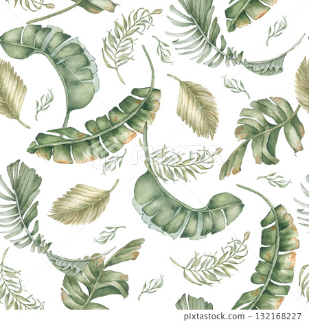 Tropical foliage watercolor seamless pattern isolated white. Hand painted palm and banana leaves in soft green tones. Neutral foliage print for beach wedding background. Exotic leaves repeat. Tropical foliage watercolor seamless pattern isolated white. Hand painted palm and banana leaves in soft green tones. Neutral foliage print for beach wedding background. Exotic leaves repeat. 132168227