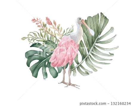 Tropical Watercolor Bird and Foliage illustration isolated. Hand painted pink spoonbill in monstera and areca palms in soft pastel colors. Delicate jungle design for beach print, tropical branding. Tropical Watercolor Bird and Foliage illustration isolated. Hand painted pink spoonbill in monstera and areca palms in soft pastel colors. Delicate jungle design for beach print, tropical branding. 132168234