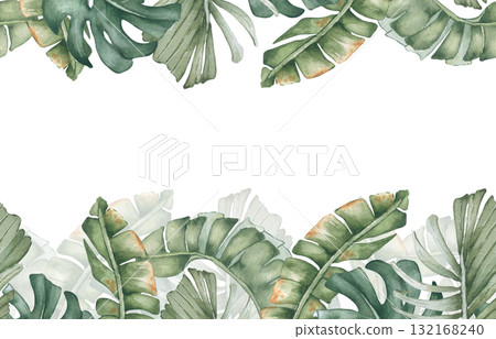 Tropical leaves repeated border isolated on white. Watercolor palm and monstera fronds in soft greens hand drawn. Summer greenery seamless background for wedding invitations, spa certificates. Tropical leaves repeated border isolated on white. Watercolor palm and monstera fronds in soft greens hand drawn. Summer greenery seamless background for wedding invitations, spa certificates. 132168240