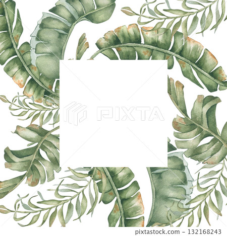 Hand painted palm leaves watercolor border in soft green tones isolated. Delicate tropical foliage on square frame for spa menus, beach wedding invitations, and organic cosmetic packaging. Hand painted palm leaves watercolor border in soft green tones isolated. Delicate tropical foliage on square frame for spa menus, beach wedding invitations, and organic cosmetic packaging. 132168243