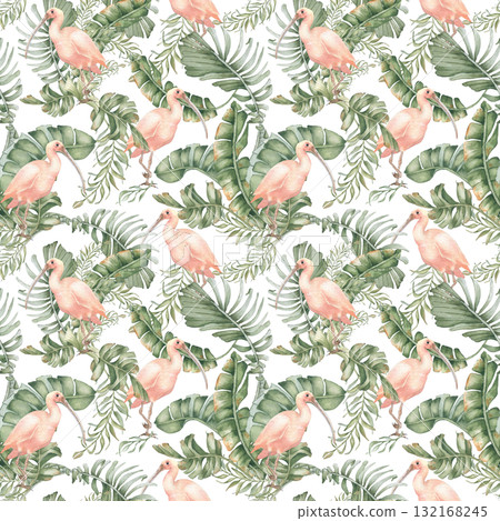 Exotic jungle seamless pattern isolated on white. Pink ibis and palm trees watercolor hand painted. Tropical motif repeated background for fabric beach style, wallpaper, and boho home textiles. 132168245