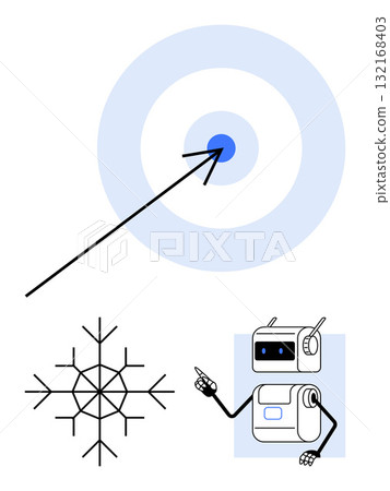 Arrow hitting target center geometric snowflake, pointing robot. Ideal for precision, technology, aim, winter, accuracy, robotics, cold Line metaphor 132168403