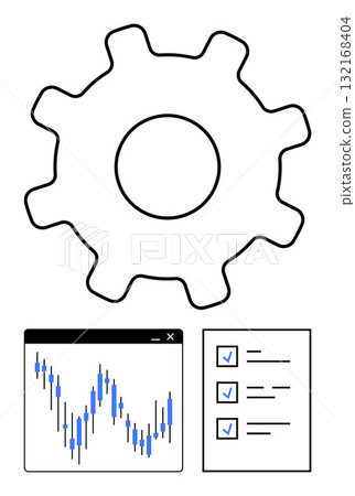 Gear icon, financial chart with trends, and checklist with blue checkmarks. Ideal for business strategy, process improvement, financial planning, productivity tools, workflow management, data 132168404