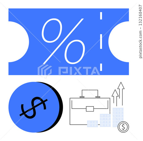 Blue coupon with large percentage symbol, blue circle with dollar sign, briefcase, stacked coins, and arrows pointing up. Ideal for marketing, finance, business growth, sales promotions investment 132168407