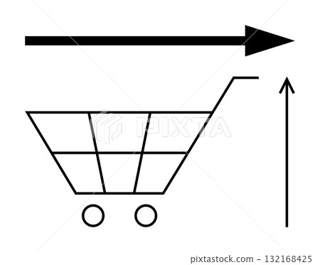 Shopping cart with directional arrows. Ideal for themes of commerce, shopping, progress, growth, business, navigation, online retail. Line metaphor 132168425