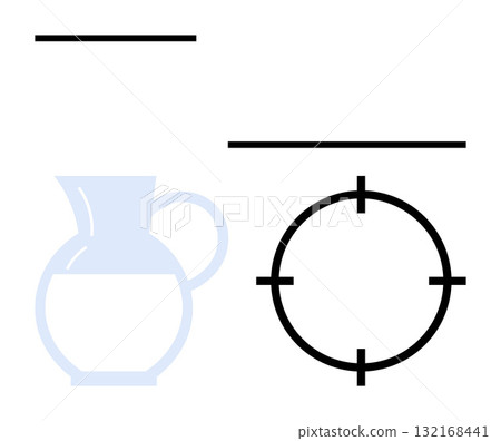 Pottery jug, two horizontal lines, and a target circle symbol. Ideal for art concepts, pottery workshops, minimalism themes, graphic design, precision themes abstract art educational purposes. Line 132168441