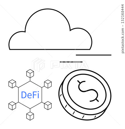 Cloud, connected nodes with DeFi text, and a currency coin. Ideal for finance, technology, blockchain, digital currency, investment fintech cybersecurity. Line metaphor Cloud, connected nodes with DeFi text, and a currency coin. Ideal for finance, technology, blockchain, digital currency, investment fintech cybersecurity. Line metaphor 132168444