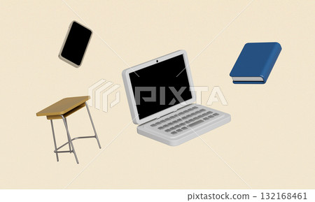 Study Desk with Laptop, Smartphone, and Book Mock up. 3D Rendering. 132168461