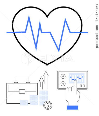 Heart with blue heartbeat line, control panel with hand, briefcase, bar charts, upward arrows, and dollar coin. Ideal for health monitoring, financial growth, investment business stock market 132168464