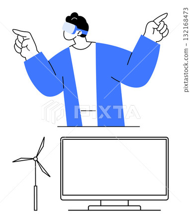 Man wearing VR headset pointing upward, dressed in blue jacket. Large screen display and wind turbine below. Ideal for virtual reality, technology, environment, education, presentations, future tech Man wearing VR headset pointing upward, dressed in blue jacket. Large screen display and wind turbine below. Ideal for virtual reality, technology, environment, education, presentations, future tech 132168473