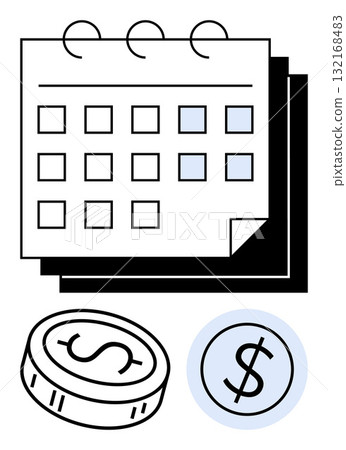 Calendar with selected dates, two dollar coins representing financial deadlines or savings goals. Ideal for budgeting, finance, expense tracking, deadlines, scheduling, planning savings. Line 132168483