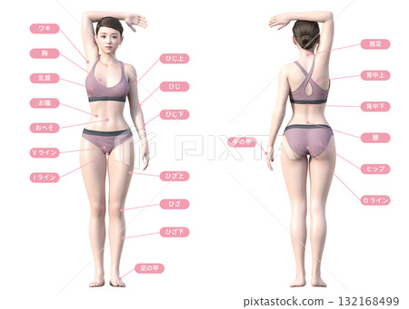 除毛治療部位說明圖集日本3D模型女性全身正面與背面 132168499