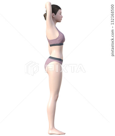 除毛治療區 3D 模型女性插圖，日本女性舉起雙臂，全身左側視圖 132168500