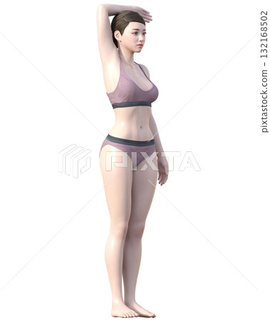 Hair removal treatment area 3D model female illustration of a Japanese woman with her arms raised, whole body diagonal right side view 132168502