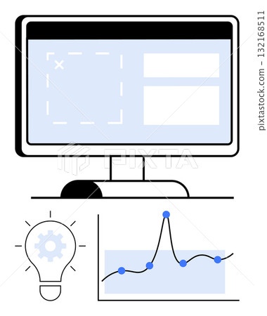 Computer monitor light bulb with gear graph with data points. Ideal for technology, innovation, analysis, productivity, development, creativity, efficiency. Line metaphor 132168511
