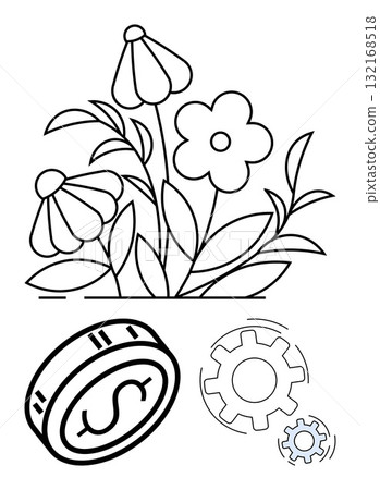 Flowers in bloom with coin and gears below. Ideal for themes of nature, economy, technology, sustainability, finance environment business. Line metaphor. Line metaphor. Simple line icons Flowers in bloom with coin and gears below. Ideal for themes of nature, economy, technology, sustainability, finance environment business. Line metaphor. Line metaphor. Simple line icons 132168518