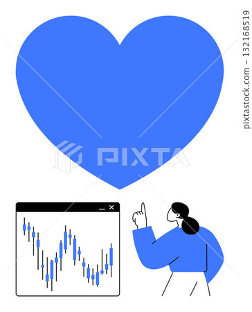 Blue heart shape above a stock market chart and a person pointing upward. Ideal for financial wellness, investment strategies, market analysis, health and wealth management, economic growth 132168519