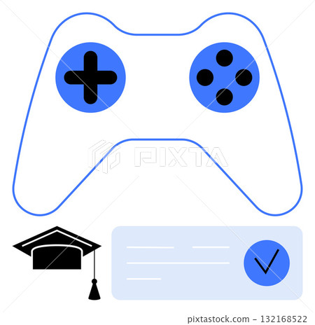 Game controller with blue buttons, graduation cap with tassel, and certificate with checkmark. Ideal for e-learning, educational software, gamification, student rewards, interactive learning, online Game controller with blue buttons, graduation cap with tassel, and certificate with checkmark. Ideal for e-learning, educational software, gamification, student rewards, interactive learning, online 132168522