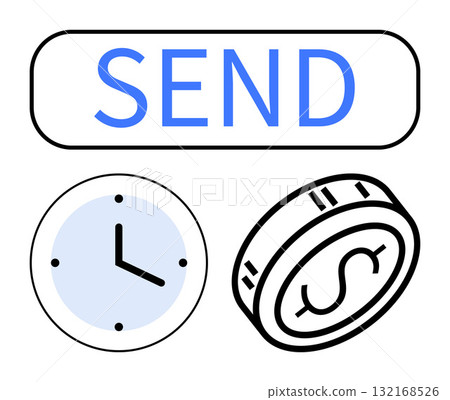 Send button, clock, and dollar coin highlight quick transactions. Ideal for finance, business, banking, time management, online payments investments digital marketing. Line metaphor 132168526
